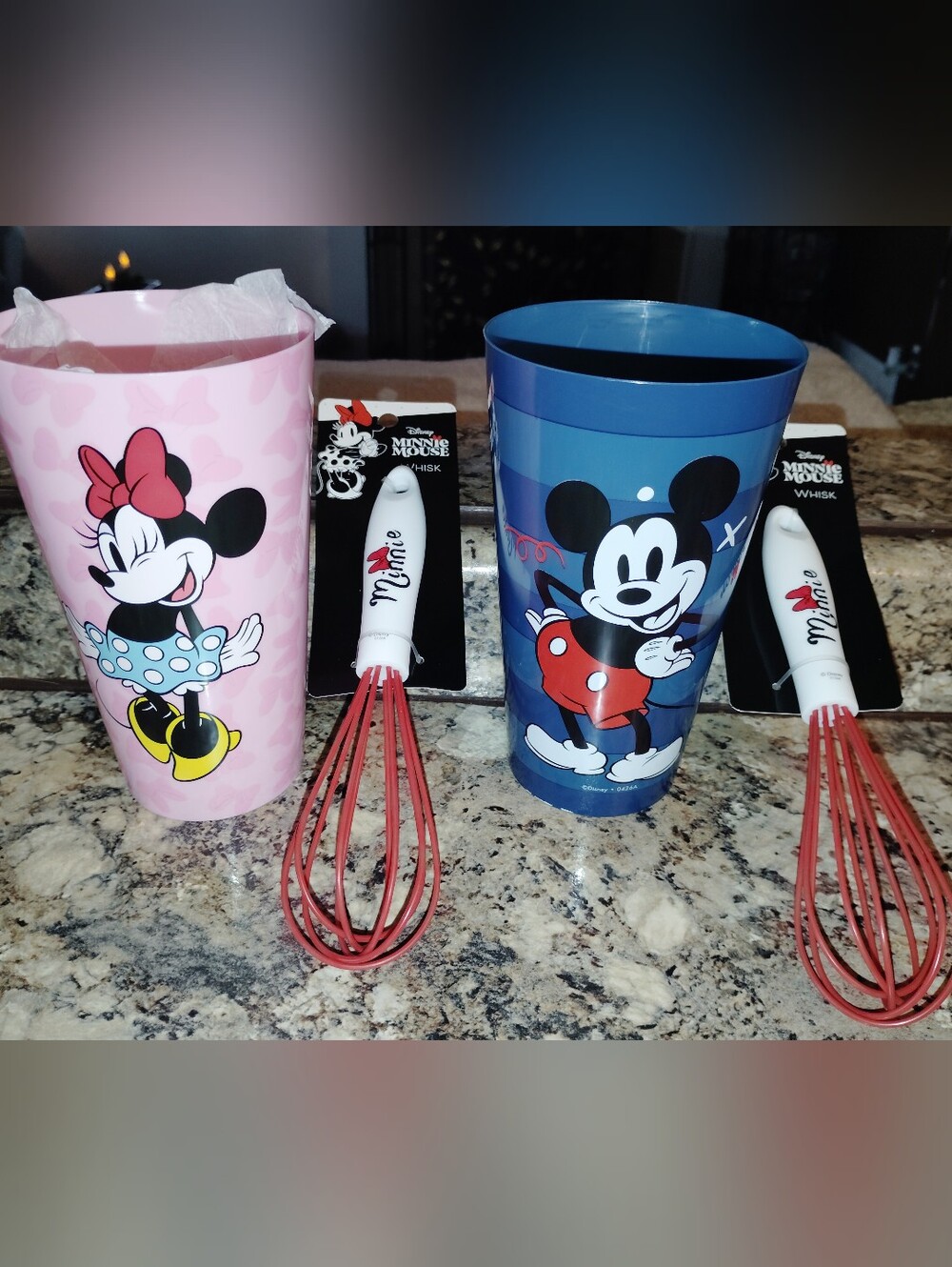 Disney Minnie Pink & Mickey Blue Kitchen Tumblers with Red Silicone Whisks.New